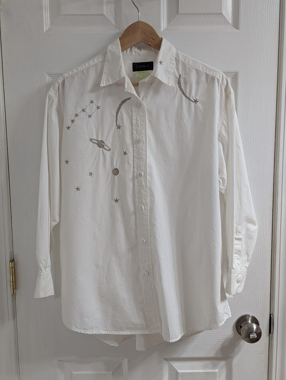 Vintage 90s Esprit Celestial Embroidered Shirt White‎ Stars Moon Made Hong Kong
